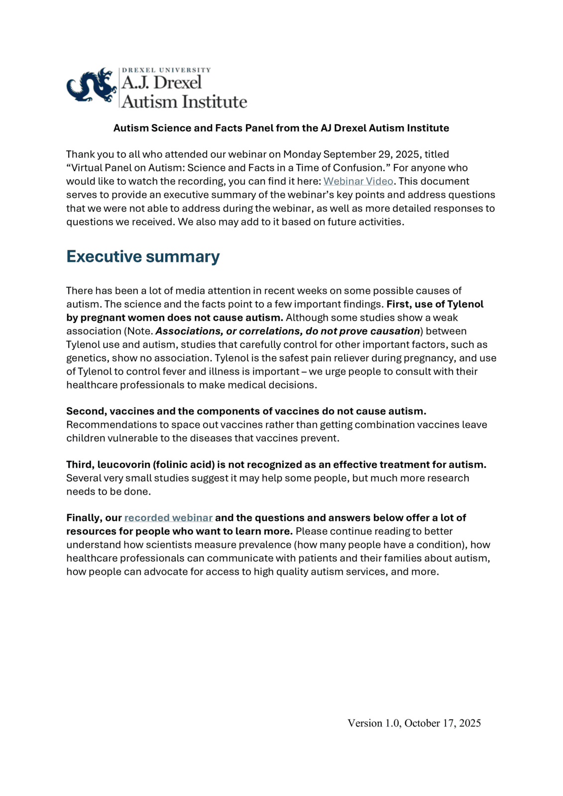 Autism Science and Facts Panel - Facts Sheet